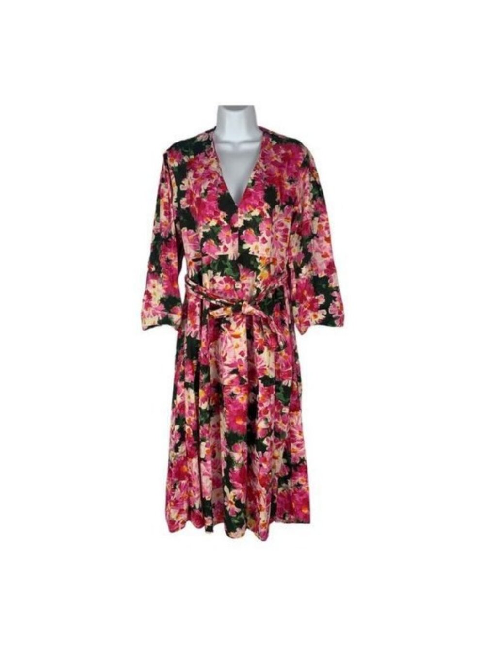 Zara Womens XS Floral Wrap Midi Dress V-Neck Pink Multi-Color 100% Cotton
